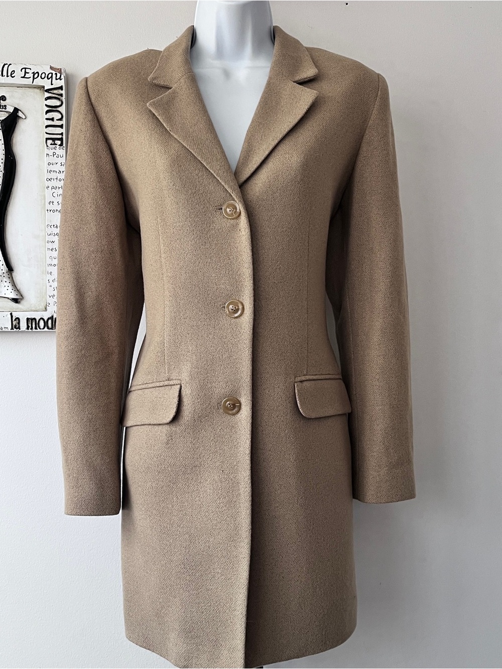Vintage 90s Minimalist Oleg Cassini Tan Single-Breasted Wool Trench Coat Size 8